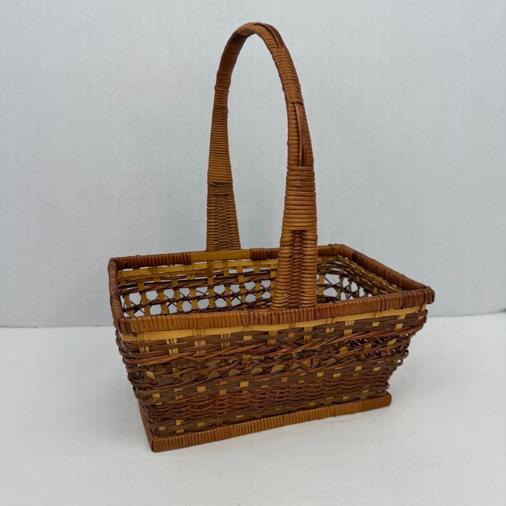 Vintage Wicker Basket Rectangular Woven Handle Brown Tan Decorative Storage
